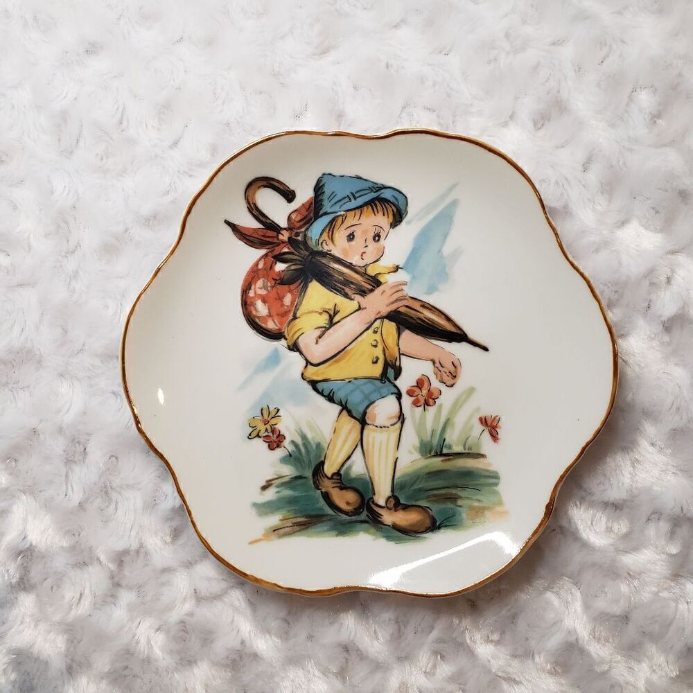 Decorative hanging plate boy with umbrella Vintage Enesco 13" porcelain